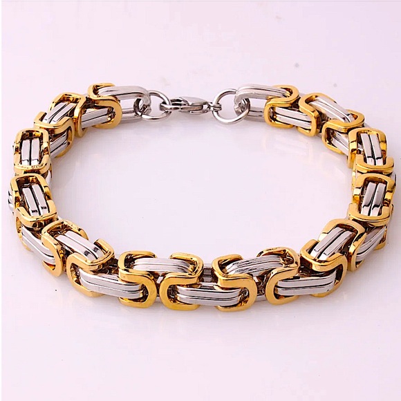 STAINLESS STEEL BYZANTINE MECHANIC SILVER GOLD BIKER BRACELET - Picture 3 of 6